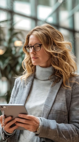 A woman wearing glasses looking at her tablet computer © VISUAL BACKGROUND