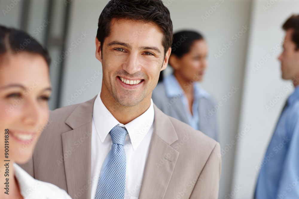 Portrait, businessman and happy in office for feedback, support and meeting in agency. Male person, architect and career in firm or company with collaboration, people and smile for group or project Portrait, businessman and happy in office for feedback, support and meeting in agency. Male person, architect and career in firm or company with collaboration, people and smile for group or project