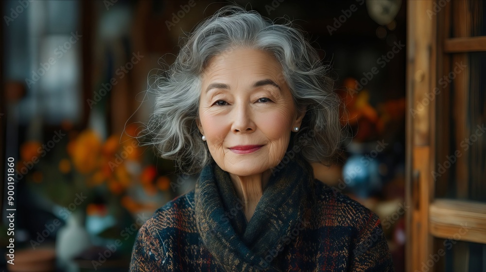 An older woman with grey hair and a scarf An older woman with grey hair and a scarf