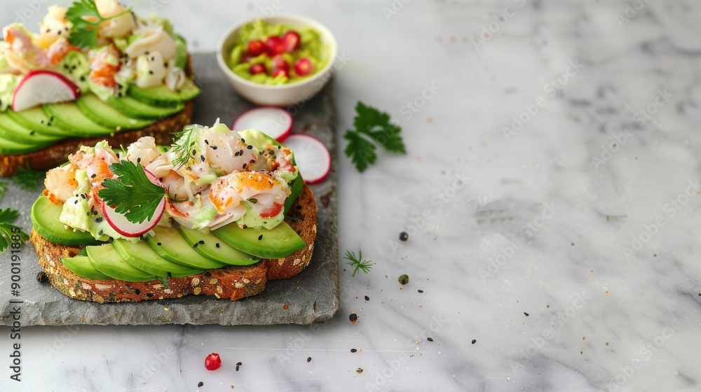 Radishes Sourdough bread toasts, A slice of toasted whole grain bread topped with smashed avocado, crab meat and smashed avocado. Radishes Sourdough bread toasts, A slice of toasted whole grain bread topped with smashed avocado, crab meat and smashed avocado.