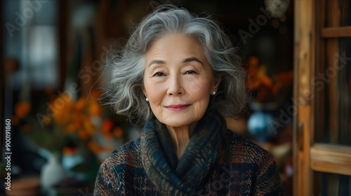 An older woman with grey hair and a scarf © VISUAL BACKGROUND