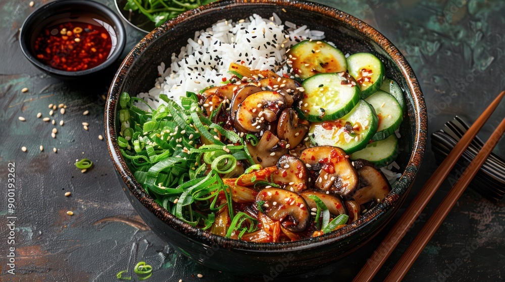 Kimchi and rice, Korean food dolsot bibimbap with kimchi, Korean mushrooms bowl with cucumber salad. Kimchi and rice, Korean food dolsot bibimbap with kimchi, Korean mushrooms bowl with cucumber salad.