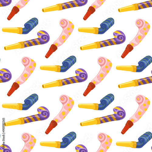 Seamless pattern of party whistle as birthday toy and accessory for blowing and making sounds. Birthday pipe. Vector illustration