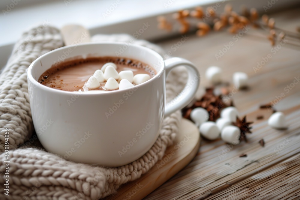 Cozy hot chocolate with marshmallows, cinnamon on wooden table. Cozy hot chocolate with marshmallows, cinnamon on wooden table.