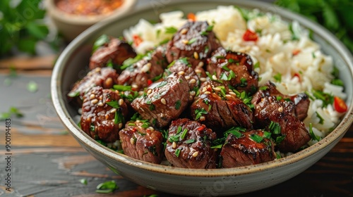 Grilled beef served with rice. Garlic butter beef steak bites with rice, traditional barbecue dish.