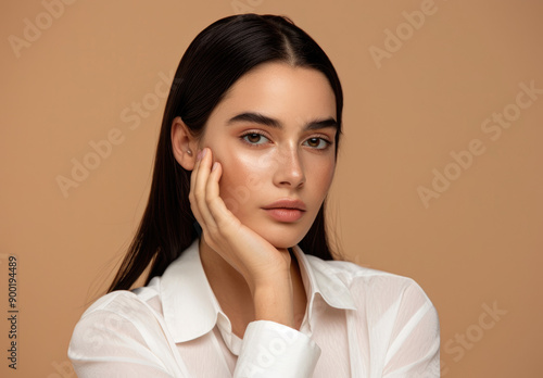 A beautiful woman with smooth skin posing for an anti-aging product, showcasing her flawless complexion and radiant appearance against the soft beige background. photo