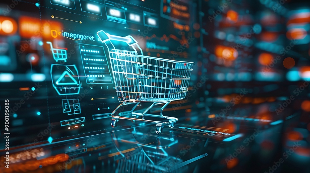Online Shopping Cart with Neon Lights. generative ai illustration. Online Shopping Cart with Neon Lights. generative ai illustration.