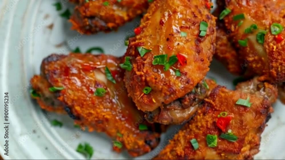 Homemade baked chicken wings breaded with curry close-up in a plate on the table. Horizontal top view from above Full HD Video 4K Clip Homemade baked chicken wings breaded with curry close-up in a plate on the table. Horizontal top view from above Full HD Video 4K Clip