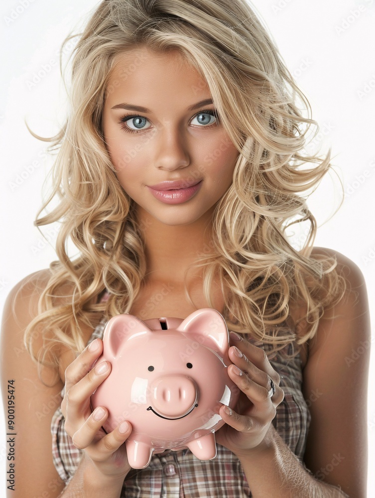 A captivating fair-haired girl deposits coins into her savings bank against a plain white backdrop. A captivating fair-haired girl deposits coins into her savings bank against a plain white backdrop.