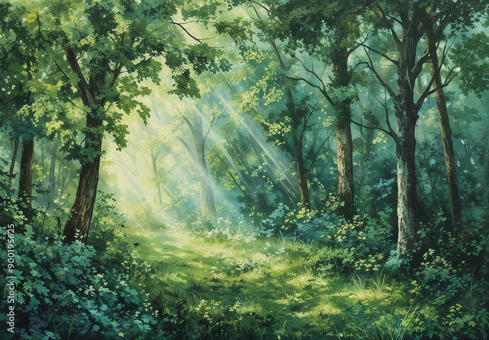 Obraz premium A lush green forest bathed in morning sunlight, with rays filtering through the trees