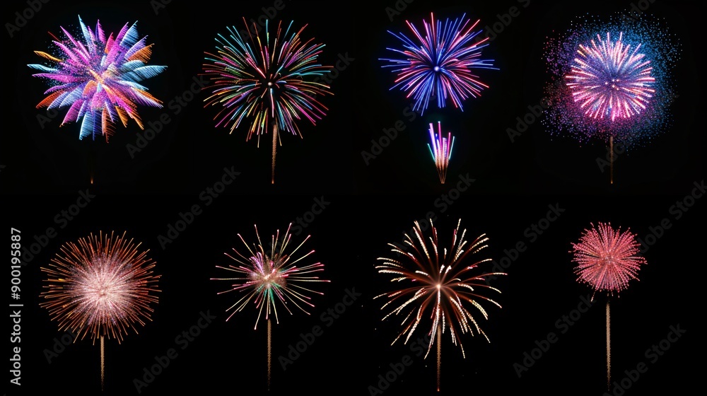 Assortment of vibrant celebratory eight pyrotechnics bursting in dark atmosphere. Assortment of vibrant celebratory eight pyrotechnics bursting in dark atmosphere.