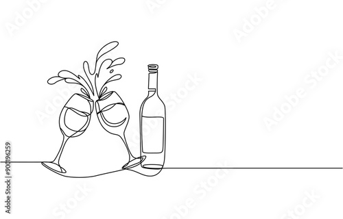 Schilderij op canvas glass of champagne or wine glass line art style illustration vector eps, Winehouse Continuous Line Illustration, Glass of wine in continuous line art drawing style