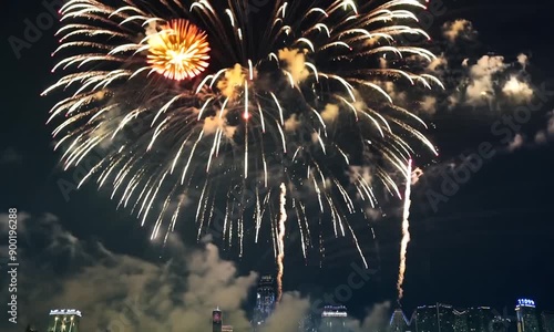  Colorful firework lights in night sky. fireworks show. New years eve fireworks. Heppy new year. photo