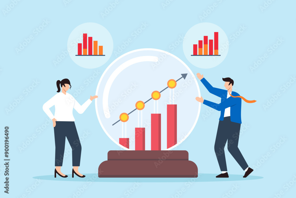 Fototapeta premium Predictive analytics, business analysts forecasting trends, future planning, and risk management concept vector illustration. Team with crystal ball and statistical graphs