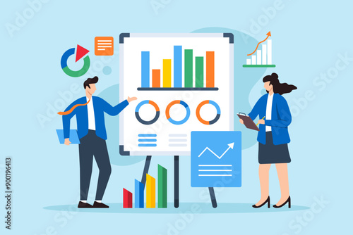 Data-driven decision making, business analysts interpreting complex datasets, strategic planning, and market analysis concept vector illustration. Team examining charts and graphs