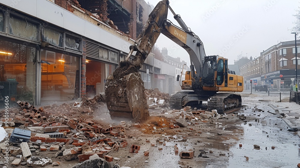 A massive, extended-arm demolition vehicle destroys a structure. A massive, extended-arm demolition vehicle destroys a structure.