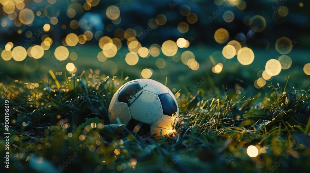 Soccer Ball on Grass with Bokeh Lights Soccer Ball on Grass with Bokeh Lights