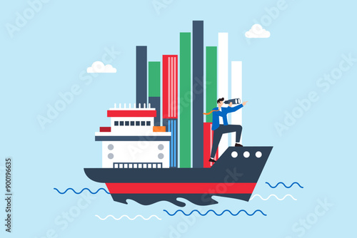 Steering business strategies, data-driven navigation, strategic planning, overcoming market challenges concept vector illustration. Analyst navigating ship with bar graphs