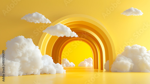 Fototapeta Naklejka Na Ścianę i Meble -  3d render, abstract minimal yellow background with white clouds flying out the tunnel