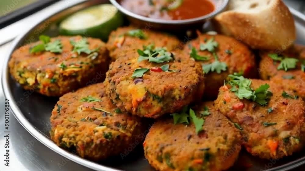Vegetable Cutlets - A common snack on Indian trains, often served with bread and chutney HD Video 4K Vegetable Cutlets - A common snack on Indian trains, often served with bread and chutney HD Video 4K