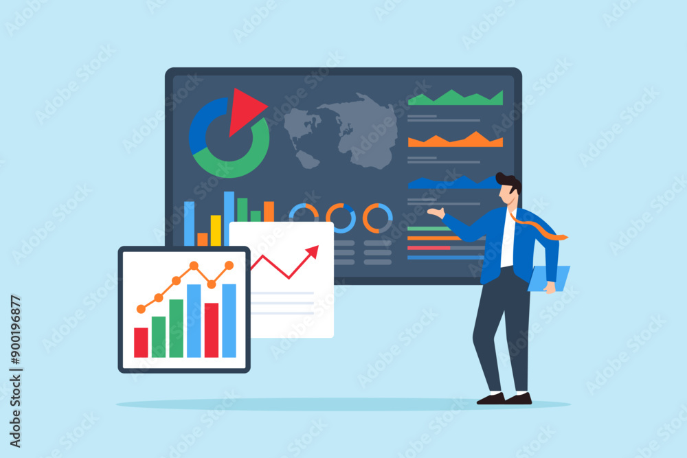 Business intelligence reporting, data visualization concept vector illustration. Analysts presenting insights via interactive dashboards Business intelligence reporting, data visualization concept vector illustration. Analysts presenting insights via interactive dashboards