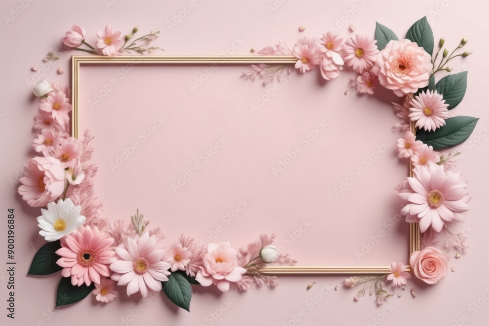 white pink floral frame with delicate blossom and green leaves for spring card design on pink background white pink floral frame with delicate blossom and green leaves for spring card design on pink background