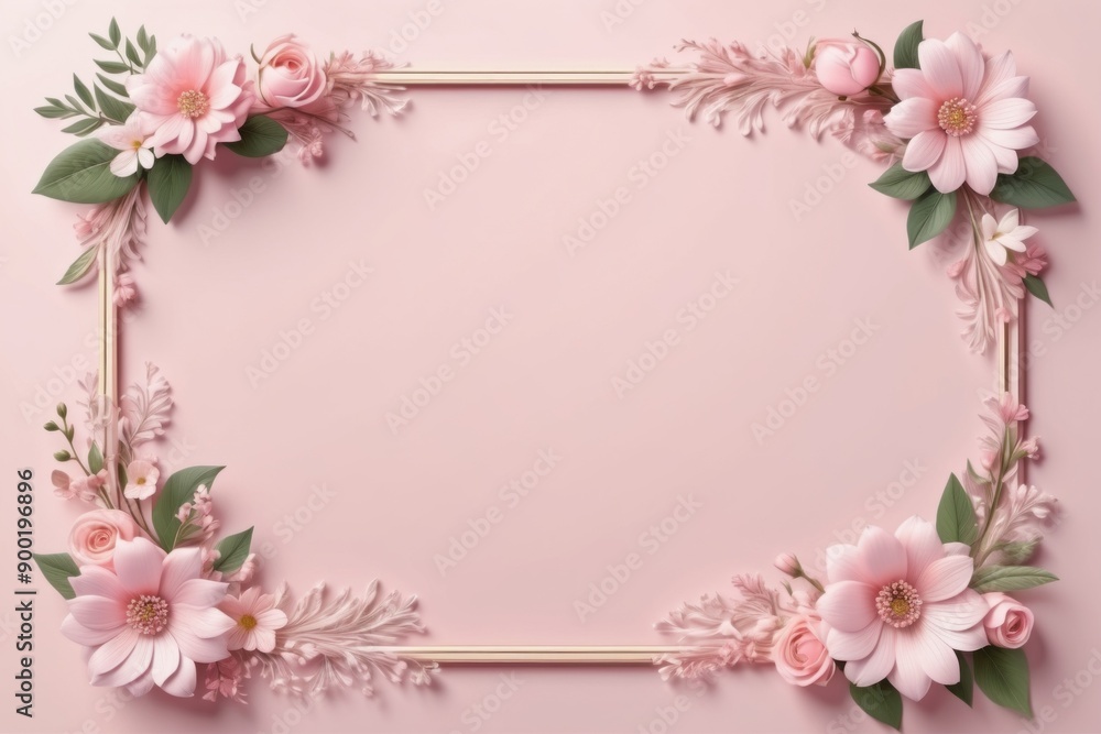 Obraz premium white pink floral frame with delicate blossom and green leaves for spring card design on pink background
