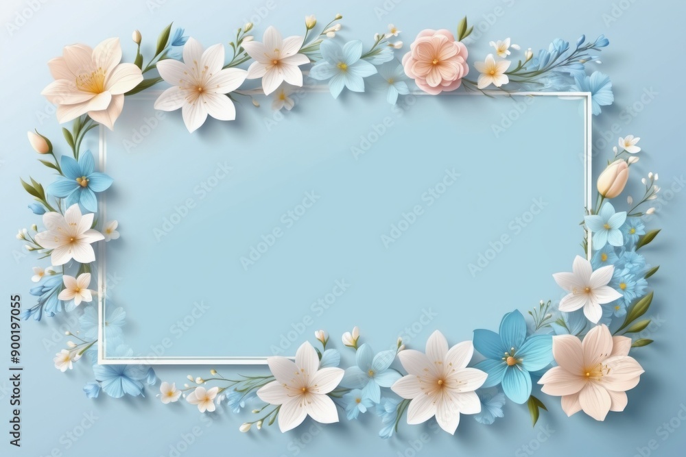 Fototapeta premium white pink blue floral frame with delicate blossom and green leaves for spring card design on blue background