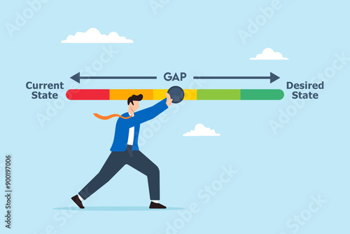 Strategic planning analysis concept vector illustration with business analysts pull gap between current and desired state
