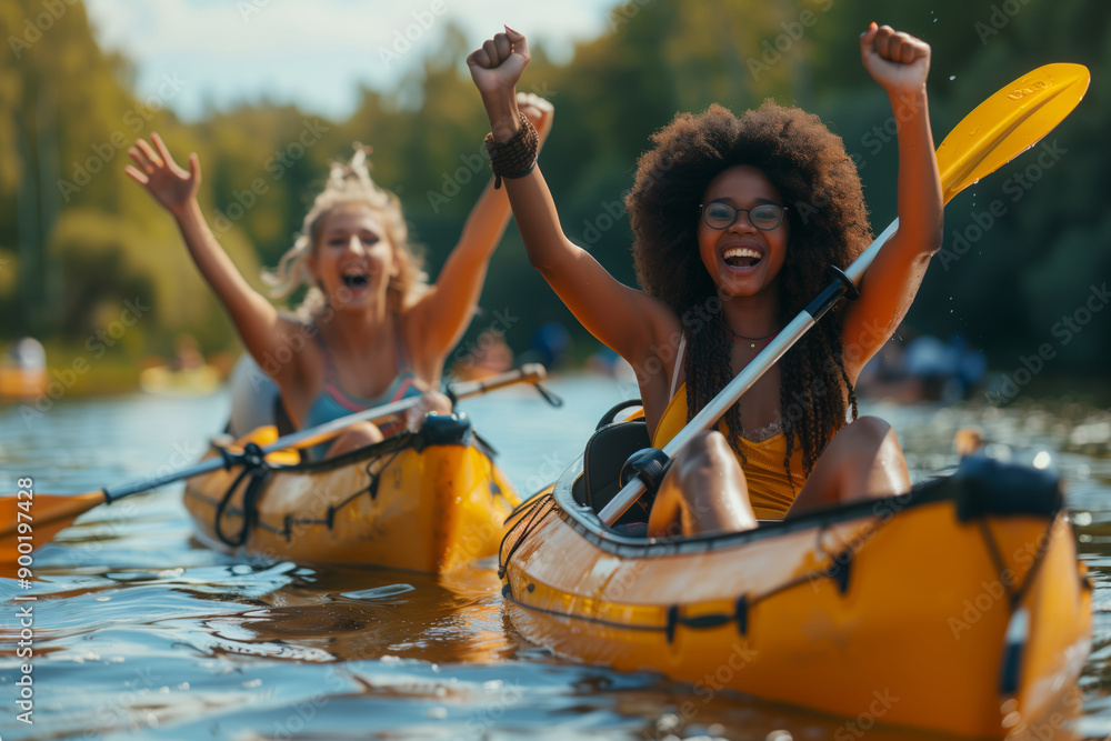 Obraz premium Joyful Kayak Ride Through Lush Green Foliage