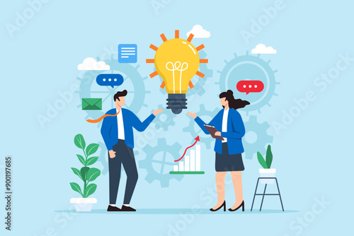 Exploring new business model innovation, adapting to changing markets concept vector illustration with team analysts brainstorming strategies