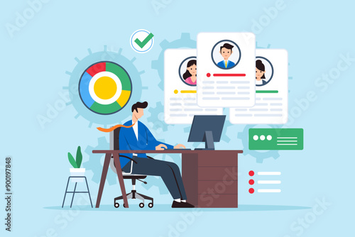 Optimizing use of business resources, maximizing efficiency, management concept vector illustration. Analyst on desk planning and analyzing resource allocation