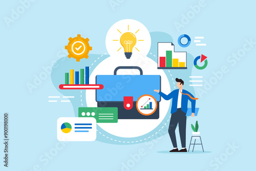 Business case development, creating compelling proposals, justifying investments and analysis projects concept vector illustration. Analyst with briefcase presenting graphs and charts