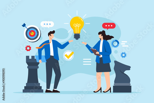 Partnership strategy, identifying and forming planning, collaborative business ventures concept vector illustration. Analyst team discussing new idea