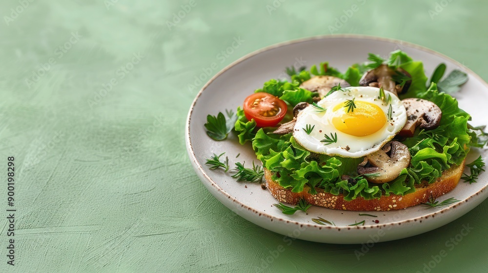 A simple breakfast of fried eggs on mushrooms, Mushrooms and fried eggs on toast, with a light salad A simple breakfast of fried eggs on mushrooms, Mushrooms and fried eggs on toast, with a light salad