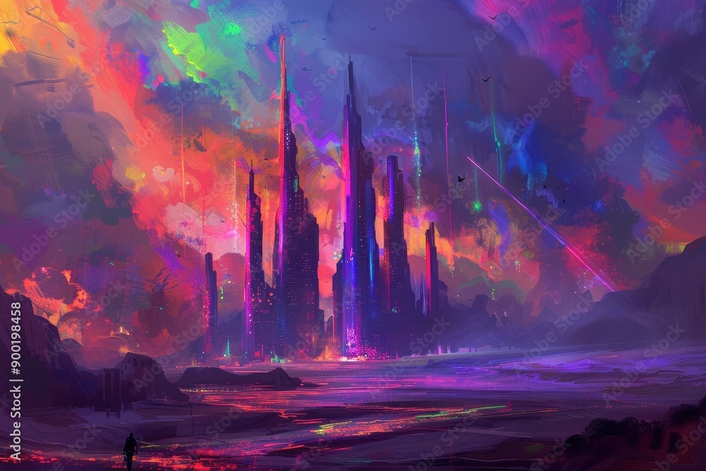 Fototapeta premium A lone figure walks towards a futuristic city bathed in vibrant colors under a dramatic swirling sky