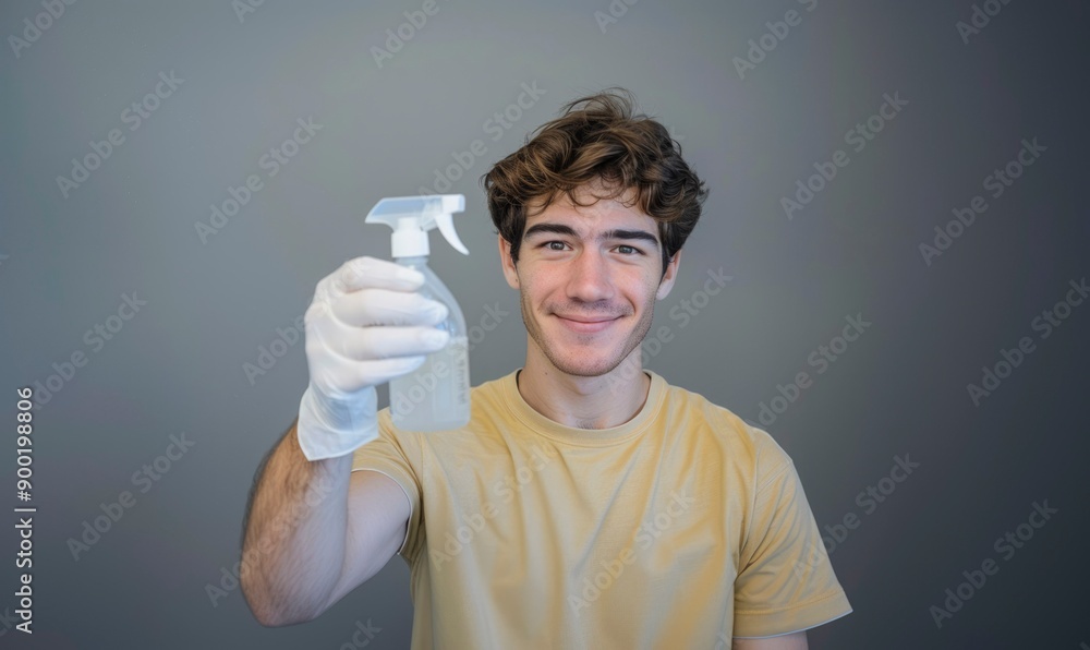 Young man wearing gloves holds a spray bottle in front of a gray background