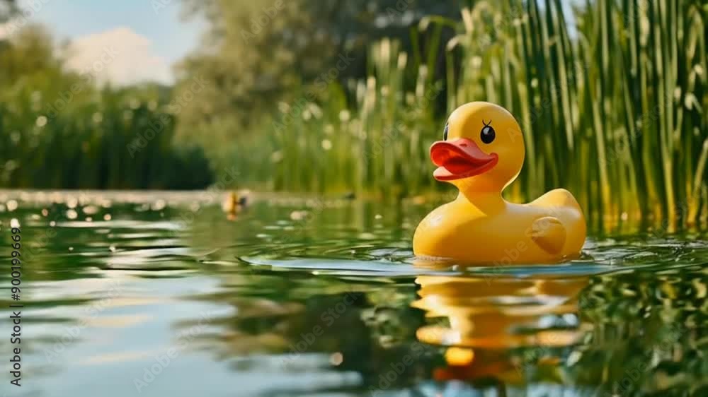 Rubber Duck Floating in Lush Green Reeds Rubber Duck Floating in Lush Green Reeds