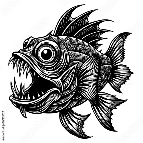 Monster Fish Illustration, Seamless Wild Bass Ocean Fish Silhouette