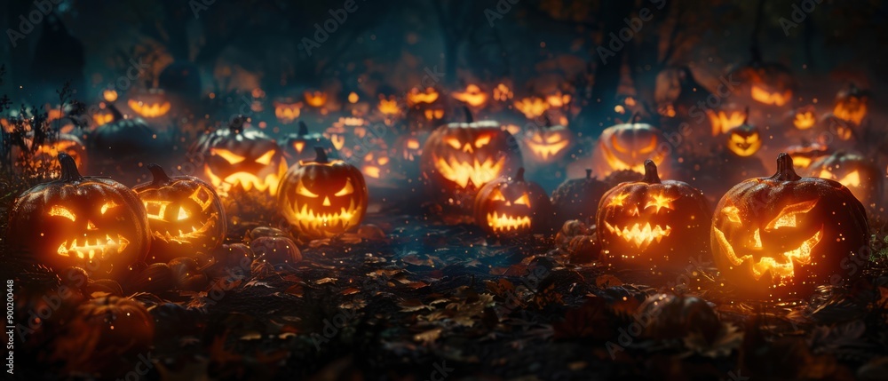 Glowing jack-o'-lanterns in a spooky forest setting, creating a haunting Halloween atmosphere at night with carved pumpkin designs. Glowing jack-o'-lanterns in a spooky forest setting, creating a haunting Halloween atmosphere at night with carved pumpkin designs.