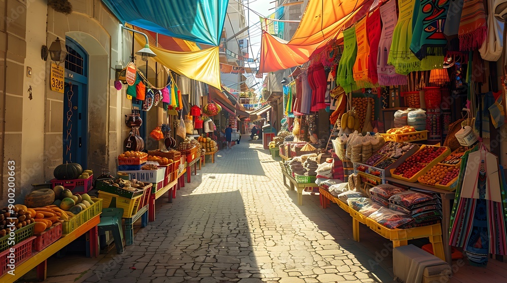 Fototapeta premium A vibrant street market with colorful stalls and goods, capturing the lively and bustling energy of friendships.