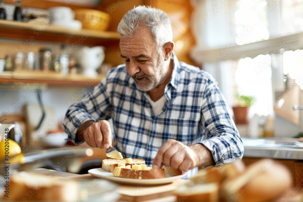 Senior Man Spreading Butter on Toast in Kitchen Senior Man Spreading Butter on Toast in Kitchen