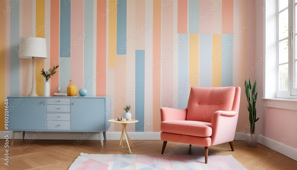 Fototapeta premium Modern living room with a pink armchair, a small side table, and a colorful striped wall in pastel shades of orange, yellow, and blue