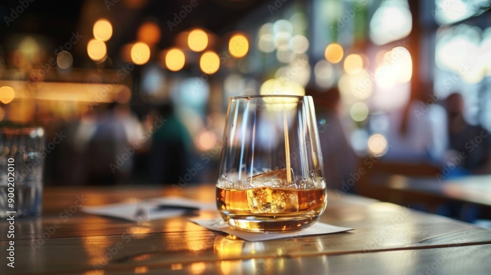 Whiskey is poured over ice cubes in a short glass placed on a wooden table in the bar Whiskey is poured over ice cubes in a short glass placed on a wooden table in the bar