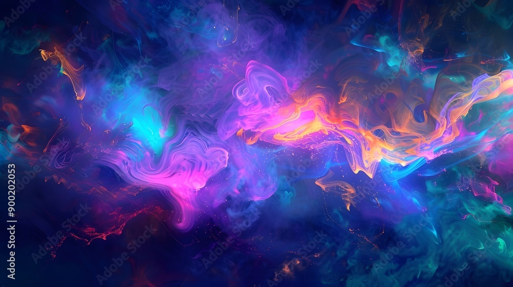 Naklejka premium noctilucent opalescence, neon glow in the dark ink splatter, smoke organic shapes, colorful iridescence and opaline effect