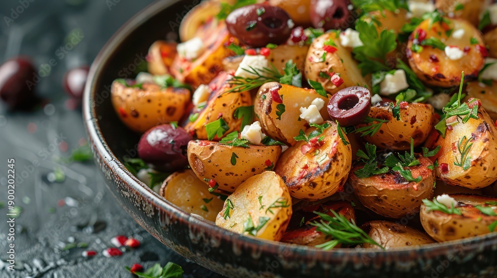 Fresh and colorful vegetable salad with baby potatoes, Warm salad with anchovy and baby potatoes. Fresh and colorful vegetable salad with baby potatoes, Warm salad with anchovy and baby potatoes.