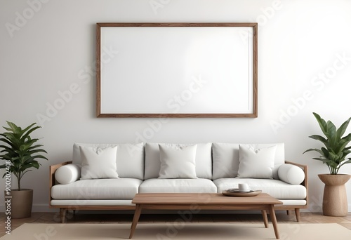 Minimalist living room with a large white sofa, wooden coffee table, and a blank framed wall art
