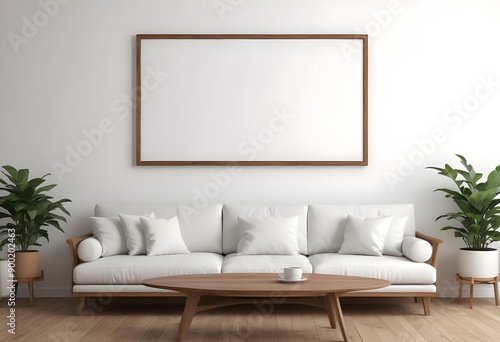 Minimalist living room with a large white sofa, wooden coffee table, and a blank framed wall art