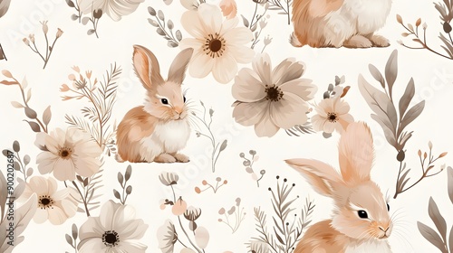 A charming illustration featuring soft-colored rabbits surrounded by delicate flowers and foliage, perfect for spring-themed designs and decor.  photo