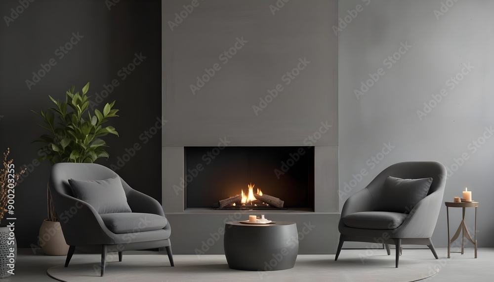 Modern living room with a concrete fireplace, two gray armchairs, and a round coffee table with a candle centerpiece. Generative AI Modern living room with a concrete fireplace, two gray armchairs, and a round coffee table with a candle centerpiece. Generative AI